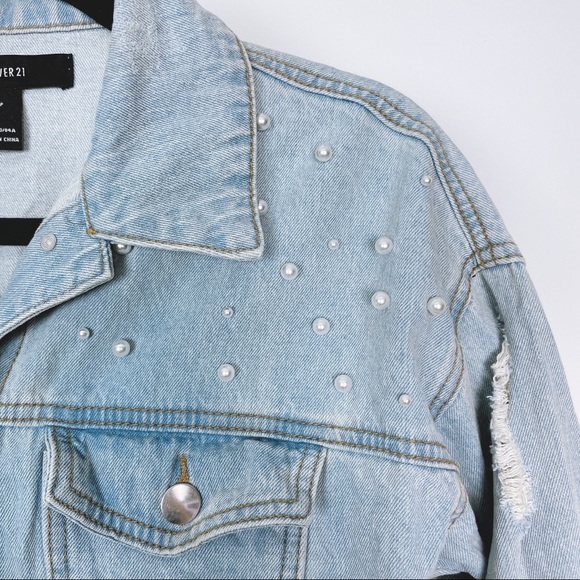 FOREVER 21 Retro Distressed Blue Denim Faux Pearls Jean Jacket S - Picture 3 of 10